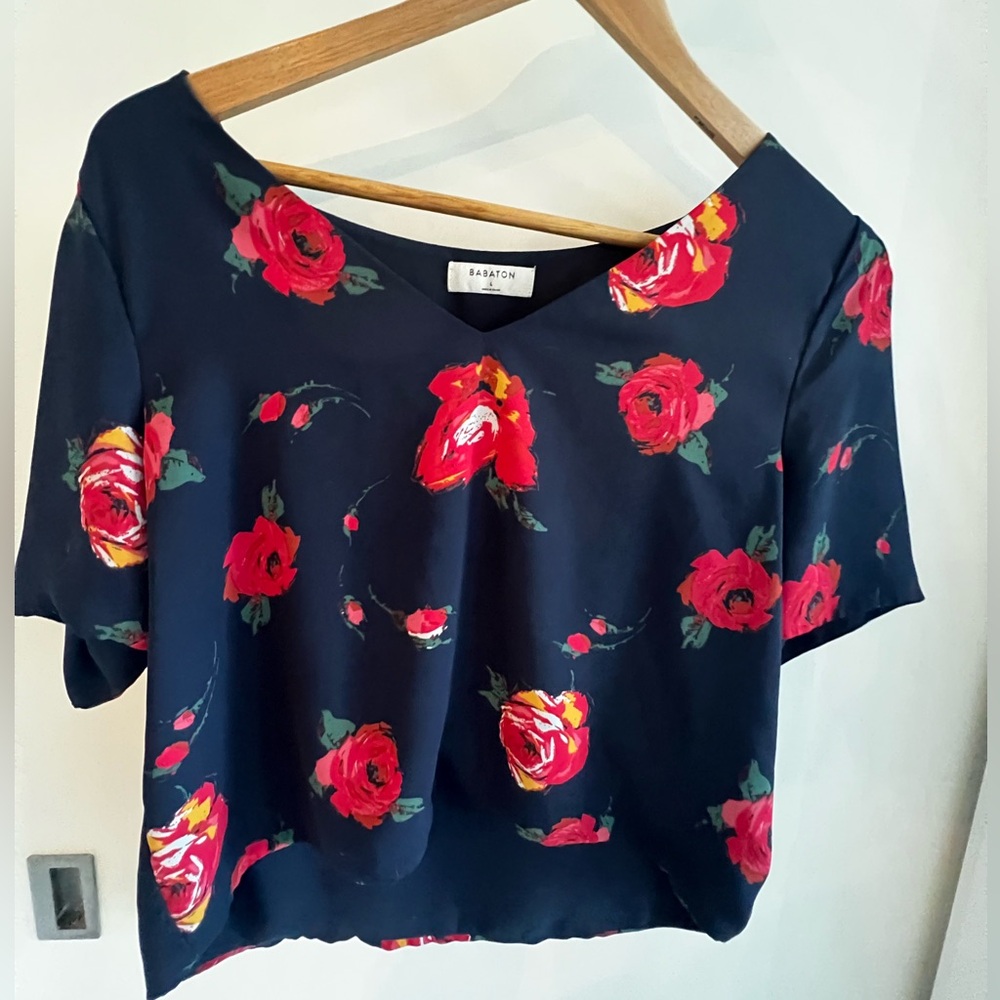 Aritzia Dark Blue Blouse with Red Floral Pattern